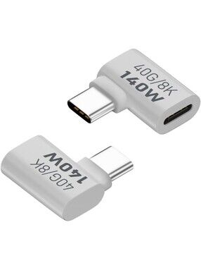 USB-C Female to Male 90° Adapter Extender 140W 40Gbps 8K – 2 Pack (White)
